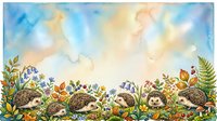 Adorable hedgehogs family gathering in colorful autumn garden with wildflowers and ferns under dreamy watercolor sky for children book illustration.