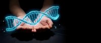 Glowing blue DNA double helix hologram floating above cupped hands against dark background for genetic research and biotechnology concepts.