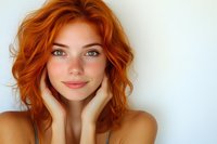 Young woman with vibrant red wavy hair and green eyes smiling warmly while gently touching her face against white background, natural beauty portrait.