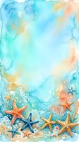 Watercolor ocean background with starfish and marine elements creating dreamy underwater scene for summer designs and coastal themed projects.