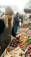 Young blonde woman in beige knit hat and apron selecting fresh organic vegetables at outdoor farmers market with wooden crates full of seasonal produce.