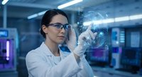 Female scientist in white lab coat examining holographic molecular structure with digital interface technology in modern research laboratory.