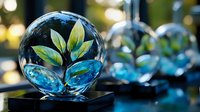 Green plant seedling growing inside crystal glass sphere with bokeh light effects, symbolizing environmental conservation and sustainable growth concept.