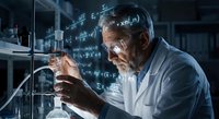 Senior male scientist conducting chemical experiment in modern laboratory with mathematical formulas and equations on glass board background.