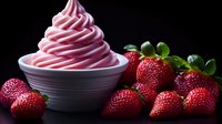 Creamy pink soft serve frozen yogurt swirled in white ceramic bowl with fresh ripe strawberries scattered on dark background, dramatic food photography.