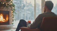 Cozy winter evening scene with man relaxing in armchair by fireplace, holding hot drink, with festive lights and snowy window view creating peaceful holiday atmosphere.