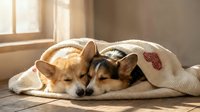 Two adorable corgi dogs cuddling together under cozy knitted blanket in warm sunlit room. Domestic pets resting peacefully on wooden floor by window.