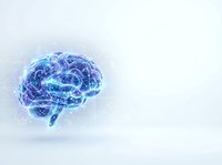 Digital brain with glowing blue neural connections and electrical energy pulses, isolated on white background. Suitable for artificial intelligence, neuroscience, technology, and medical education concepts.