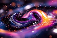 Swirling abstract liquid art with vibrant purple, orange and black colors creating cosmic wave patterns against dark background with glowing bokeh light effects.