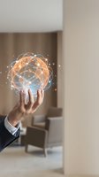 Businessman hand holding glowing digital globe with network connections representing global business technology and worldwide communication solutions.