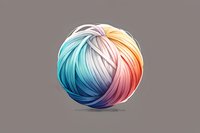 Multicolored yarn ball with gradient transition from blue to pink and orange, isolated on gray background. Soft textile thread sphere for knitting and crafts.