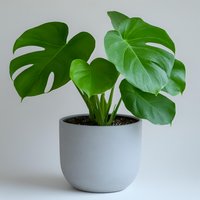 Monstera deliciosa plant with large green split leaves growing in modern gray ceramic pot against light background, minimalist home decor style.