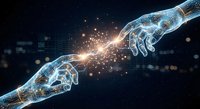 Digital robotic hands reaching toward each other with glowing connection sparks against dark tech background for AI and automation concepts.