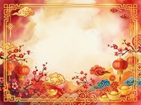 Festive oriental background with red lanterns, cherry blossoms, and golden decorative borders. Warm watercolor gradient with traditional Asian design elements. Suitable for holiday cards, invitations, and celebrations.