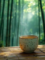 Ceramic tea cup with steam on bamboo mat in serene forest setting with sunlight rays filtering through green bamboo grove for meditation and wellness.