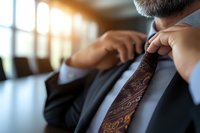 Businessman adjusting brown paisley tie, close-up view. Professional male in dark suit preparing for meeting, morning routine in office with sunlight.