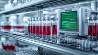 Medical laboratory with test tubes containing red liquid samples on automated analysis line with digital monitor displaying test results and vital signs.