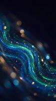 Abstract blue and green flowing energy waves with glowing particles and bokeh lights on dark background for digital technology and futuristic design concepts.
