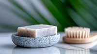 Natural soap bar on stone holder with wooden massage brush against green plant background, spa wellness bathroom accessories for body care routine.
