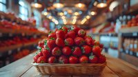 Fresh ripe strawberries piled high in woven basket on wooden table, with warm blurred restaurant interior and bokeh lights in background.