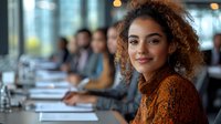 Young mixed race businesswoman with curly hair smiling during corporate meeting in modern office space. Professional workplace diversity and inclusion concept.