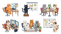 Orange, black, and gray cats working in office environments with computers, desks, charts, and plants. Cartoon felines engaged in business tasks, meetings, and collaborative work scenarios for corporate and professional design projects.