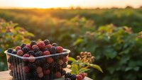 Fresh mixed berries in rustic basket at golden hour sunset with blurred berry farm background for healthy eating and organic harvest concepts.