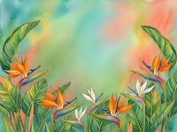 Watercolor tropical background with bird of paradise flowers and lush green leaves on a vibrant gradient backdrop. Perfect for cards and decor.