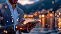 Middle Eastern businessman in suit holding smartphone with magical glowing light particles emerging from screen against blurred city lights and water reflection at dusk.