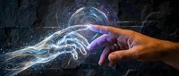 Human hand reaching toward futuristic holographic interface with glowing digital circuits and energy streams in cyberpunk style for tech design.