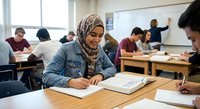 Young Muslim woman in hijab studying in university classroom with diverse students taking exam or writing notes during academic session.