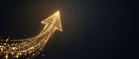 Upward arrow made of glowing golden particles on dark background, symbolizing growth, success, and rising profits for business and financial concepts.