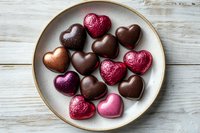 Heart-shaped chocolate candies and pink foil wrapped sweets on ceramic plate against rustic wooden background, romantic holiday confectionery arrangement.