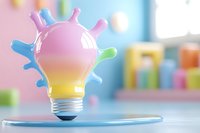 Colorful light bulb with creative crown-like spikes in pastel pink and blue tones against soft blurred background, symbolizing innovation and fresh ideas.