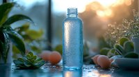Cold water bottle with condensation drops among succulent plants and natural elements in soft morning light, creating fresh wellness atmosphere.