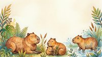 Capybaras resting in natural habitat with tropical plants and water elements, isolated on cream background for design projects.