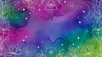 Mystical cosmic background with sacred geometry symbols, all-seeing eye, lotus flowers and celestial elements in vibrant purple, blue and green gradient colors.