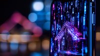 Digital house icon glowing with purple neon light and binary code matrix on smartphone screen, cybersecurity and smart home technology concept background.