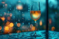 Glass of rose wine against blurred turquoise background with golden bokeh lights and water drops, creating romantic atmosphere for restaurant menu or wine list design.