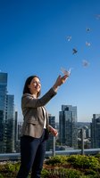 Young businesswoman releasing paper airplanes from city rooftop against blue sky symbolizing freedom, success and new opportunities in urban environment.