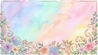 Soft watercolor background with pastel rainbow hues, floral border of roses and hydrangeas, golden swirls, for cards, invitations, and scrapbooking.