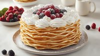 Layered crepe cake topped with fresh whipped cream, powdered sugar, raspberries and blackberries on silver plate. Bright morning light creates appetizing mood.
