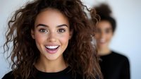 Young woman with curly brown hair and bright smile wearing purple lipstick against light background, second person blurred in background. For beauty and lifestyle content.