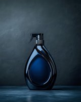 Elegant dark blue glass spray bottle on moody background with dramatic lighting and reflective surface, luxury cosmetic packaging design concept.