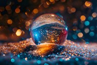 Crystal ball on glittering surface with magical bokeh lights in orange and blue tones creating mystical atmosphere for fortune telling and divination concept.