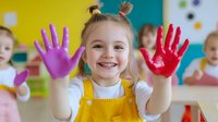 Young blonde girl with colorful paint on hands smiling in art class. Creative learning activity for children in bright classroom setting.