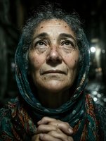 Elderly woman with weathered face wearing traditional headscarf gazes upward with hope and resilience, hands clasped in prayer against dark background.