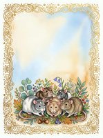 Adorable group of pet rats with ornate golden border frame and watercolor background for greeting cards, invitations and decorative projects.
