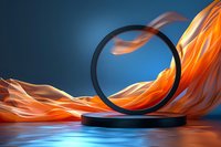 Modern product display podium with flowing orange silk fabric against blue gradient background for luxury brand presentation and marketing campaigns.