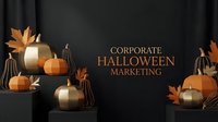Corporate Halloween marketing banner with elegant pumpkins and autumn leaves on dark background for business promotional campaigns and seasonal advertising.